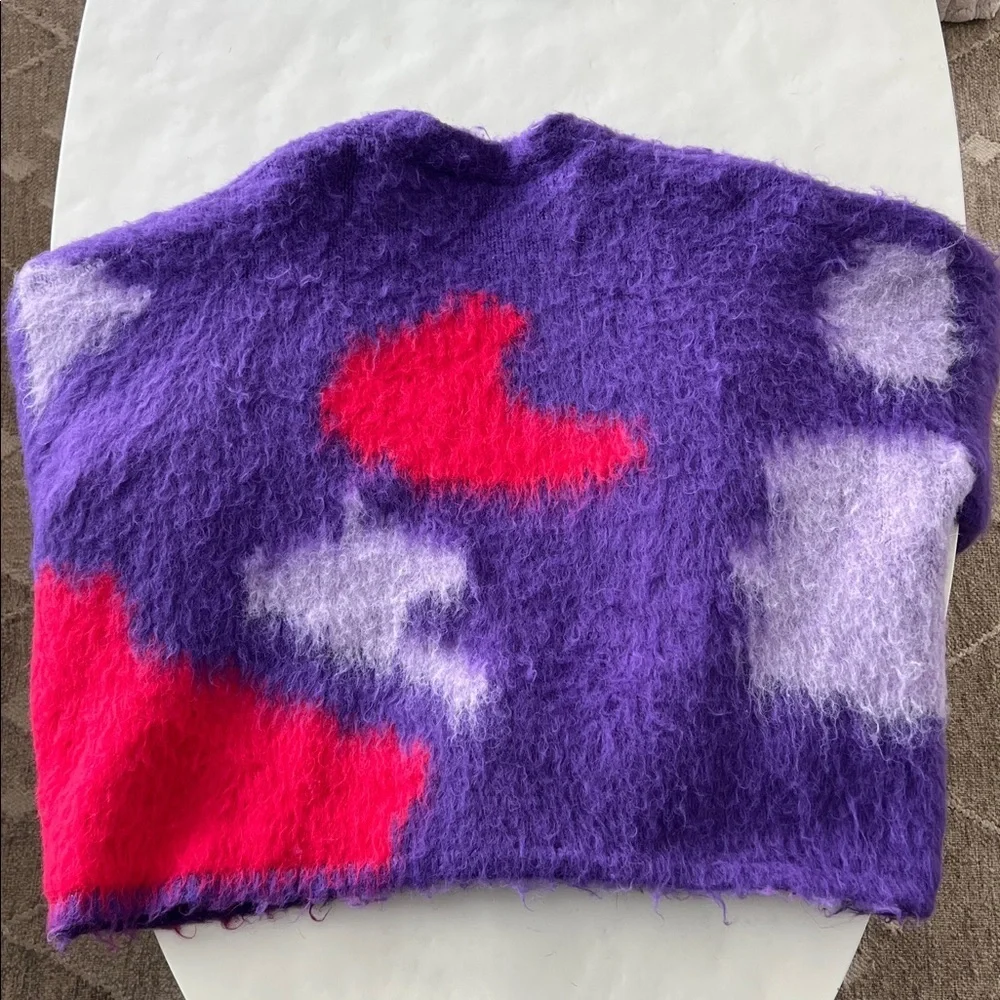 ZARA Brushed Fuzzy Finish Knit Open Cardigan Abstract Unique Purple Red L